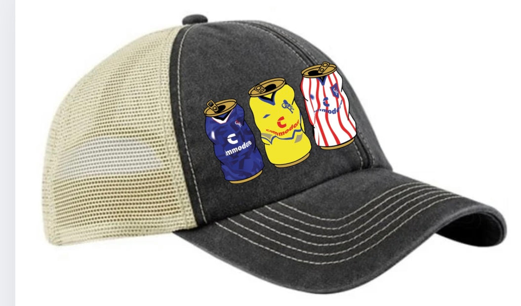 Chelsea Retro Trucker Cap With Embroidered Beer Tins